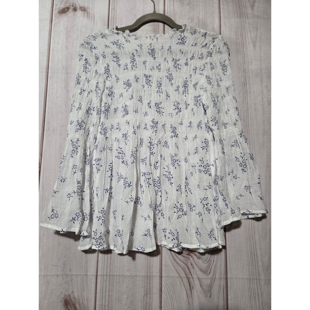 Adiva Women White Blue Floral Smocked Peplum Blouse Sheer Bell Sleeve Small